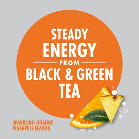 V8 +Energy Sparkling Orange Pineapple bottle packaging, emphasizing plant-based energy and non-GMO benefits.