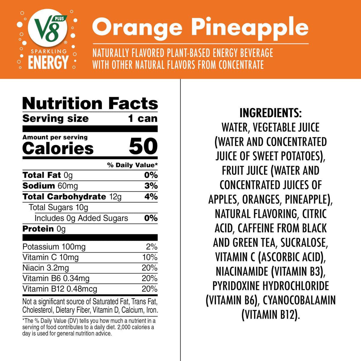 V8 +Energy Sparkling Orange Pineapple can angled, showcasing vibrant bubbles and refreshing taste.