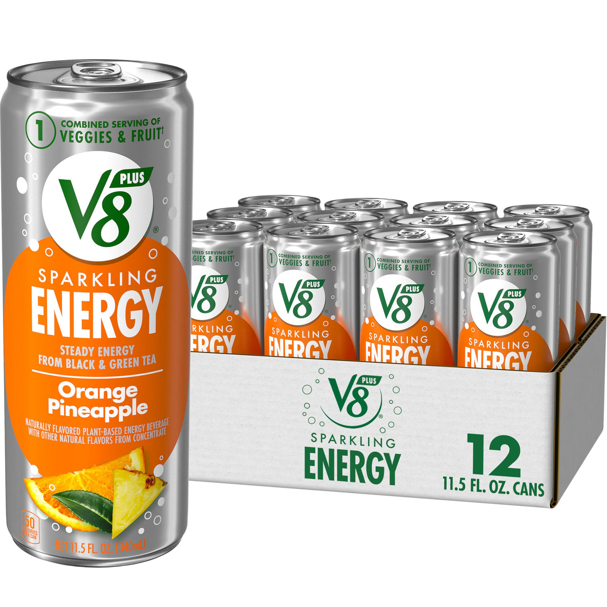 V8 +Energy Sparkling Orange Pineapple can front view, emphasizing flavor and natural caffeine boost.