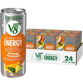 V8 +Energy sparkling orange pineapple can with bubbles for a plant-powered energy boost