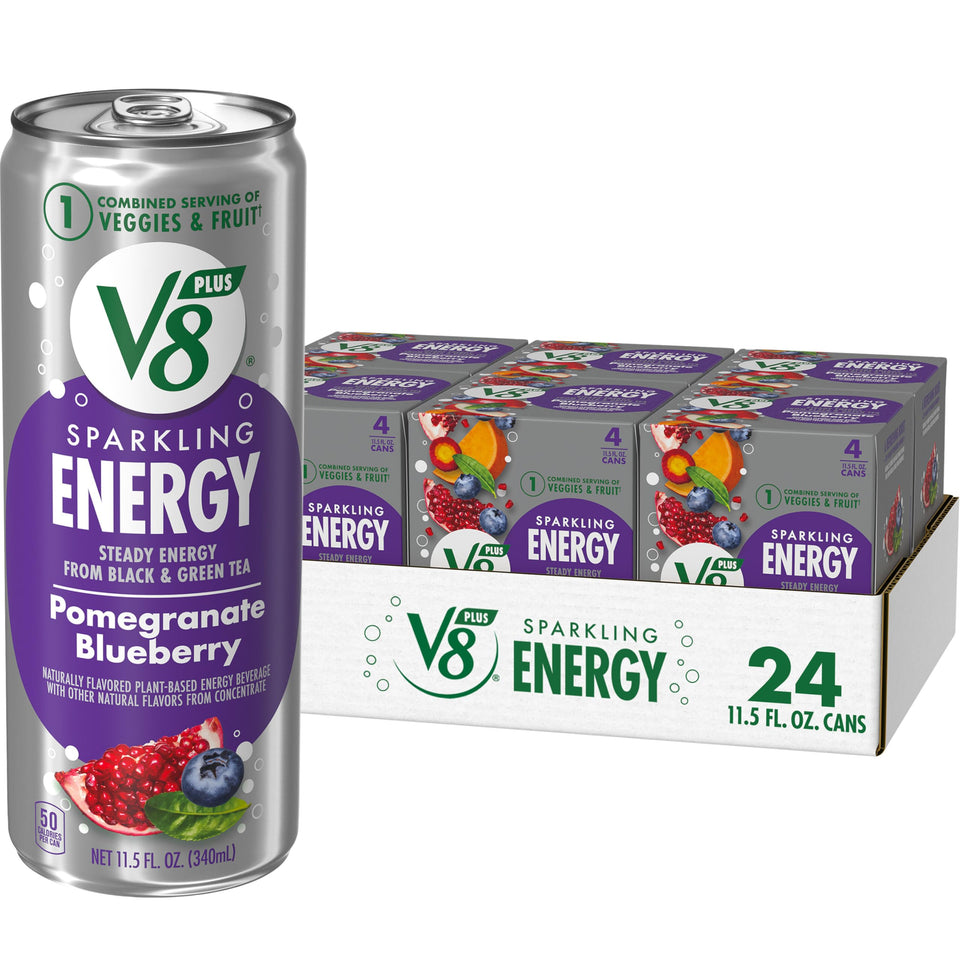 V8 +Energy sparkling can front view highlighting pomegranate blueberry flavor