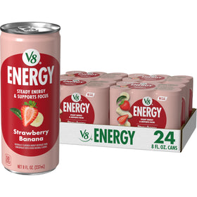 V8 Energy Strawberry Banana can, bold label signaling a ready-to-drink energy boost.