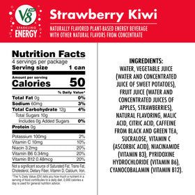 Close-up of V8 +ENERGY Strawberry Kiwi can showing bubbly flavor and caffeine content