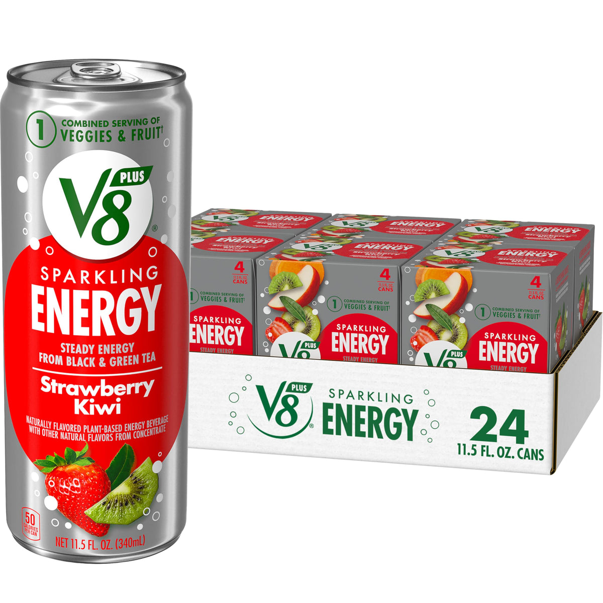 V8 +ENERGY Strawberry Kiwi can on shelf signaling a plant-based energy boost