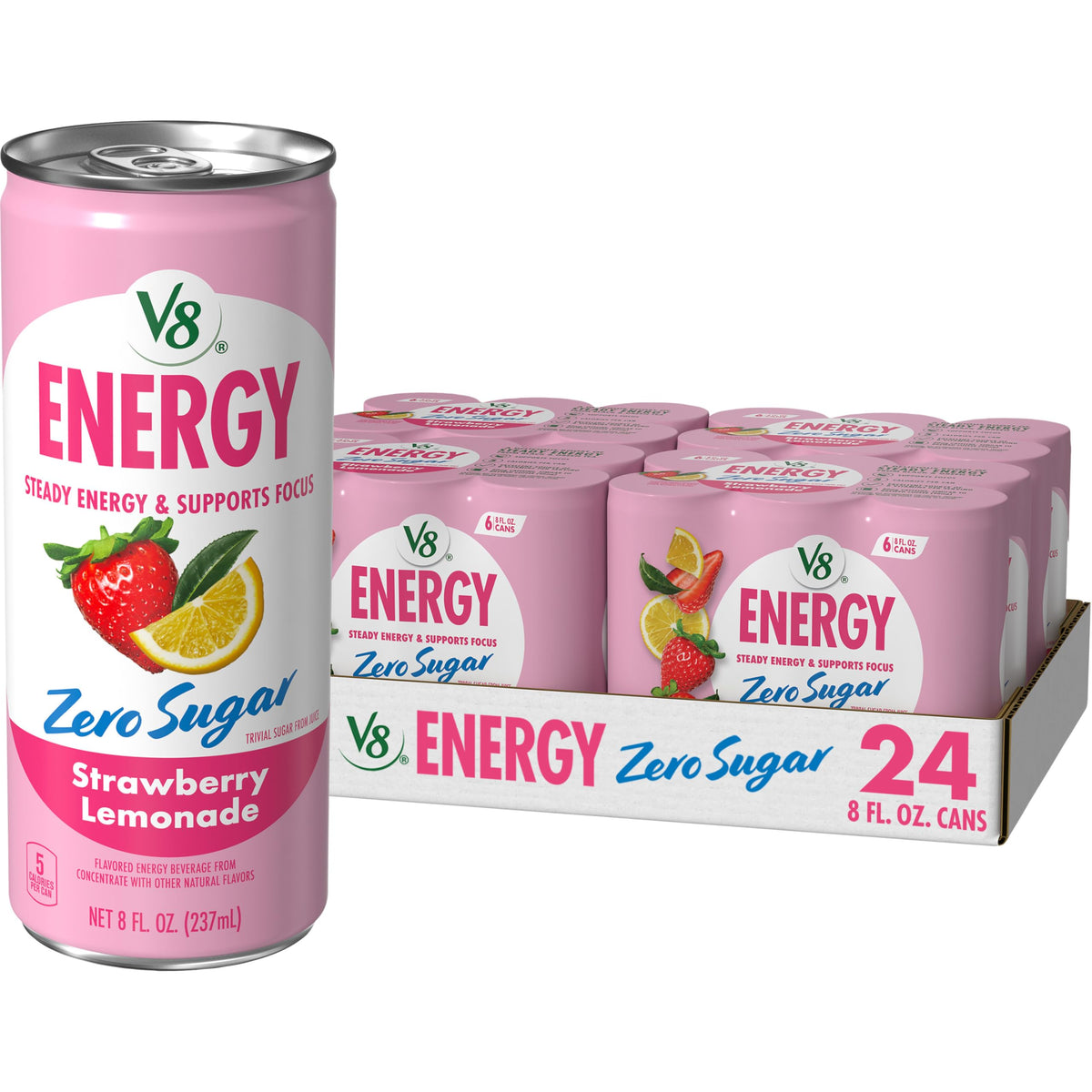 V8 Energy Strawberry Lemonade can front showcases bright flavor and quick pick-me-up convenience.