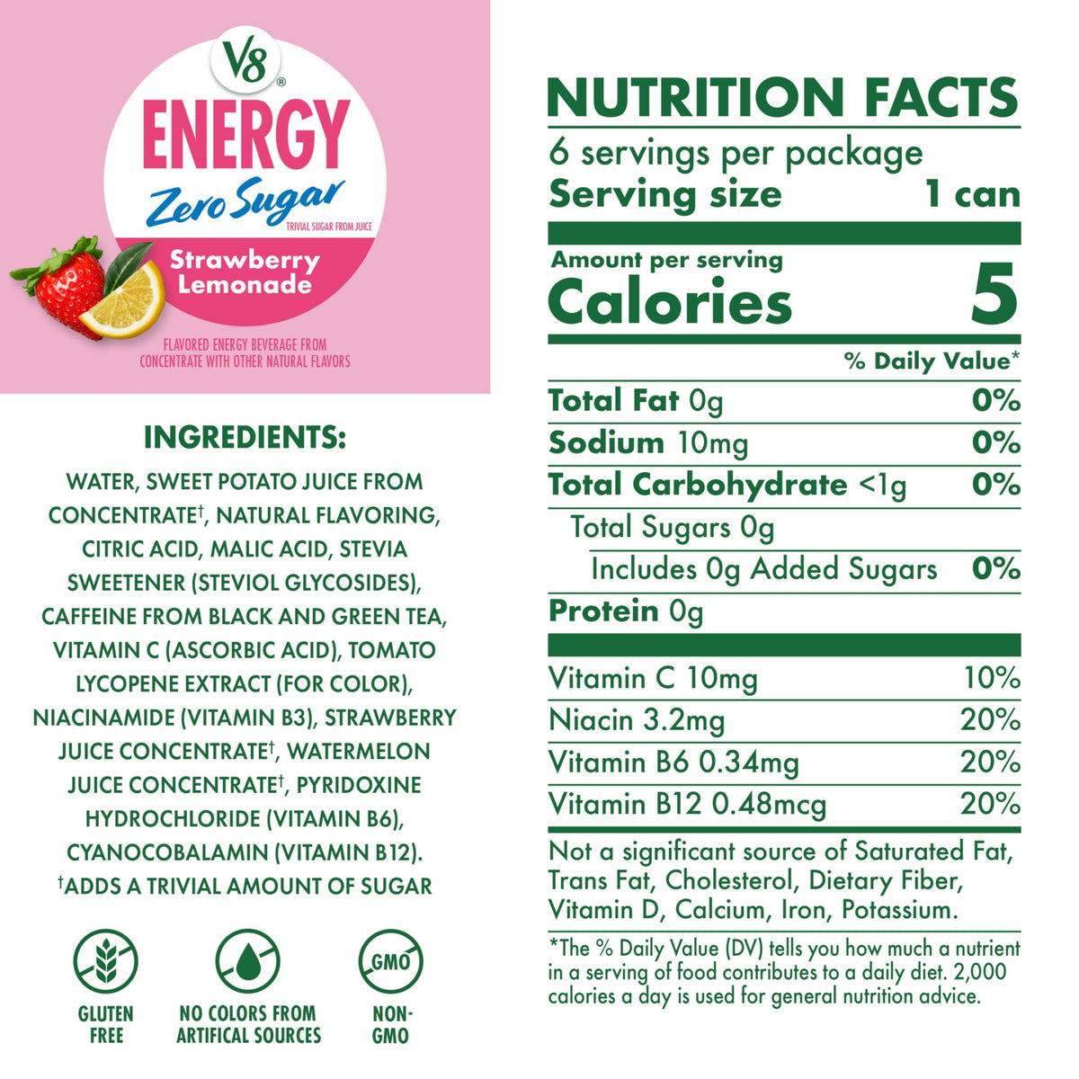 V8 Energy can side highlights portable caffeine boost for on-the-go tasks.