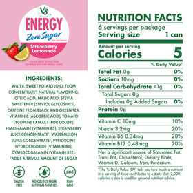 V8 Energy can side highlights portable caffeine boost for on-the-go tasks.