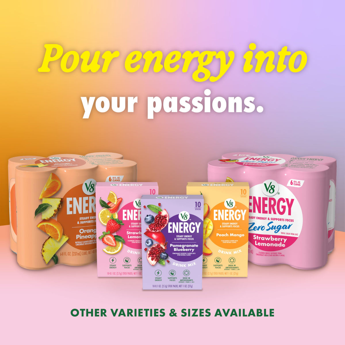 V8 Energy fridge-ready shot suggests convenient storage for quick access.