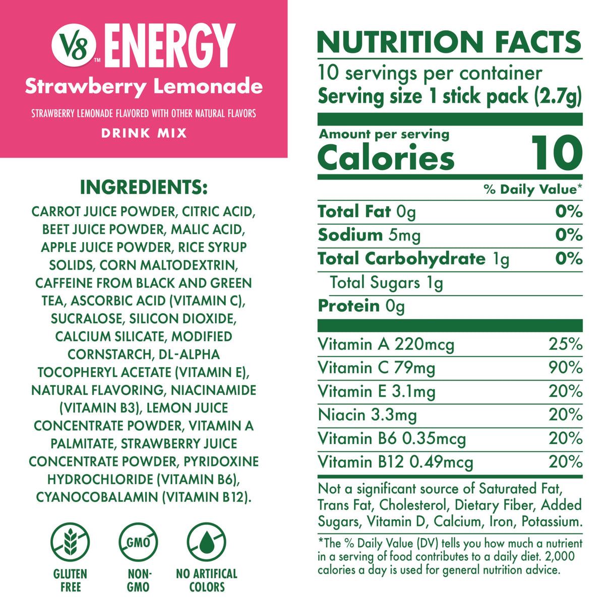 Close-up of V8 Energy Strawberry Lemonade packets highlighting flavor