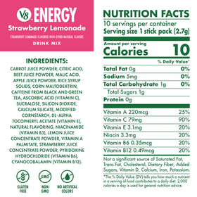 Close-up of V8 Energy Strawberry Lemonade packets highlighting flavor