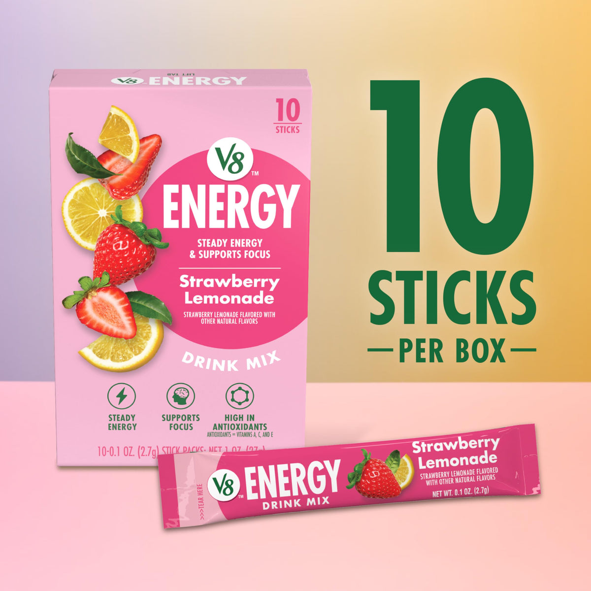 Stack of V8 Energy Strawberry Lemonade packets for easy storage