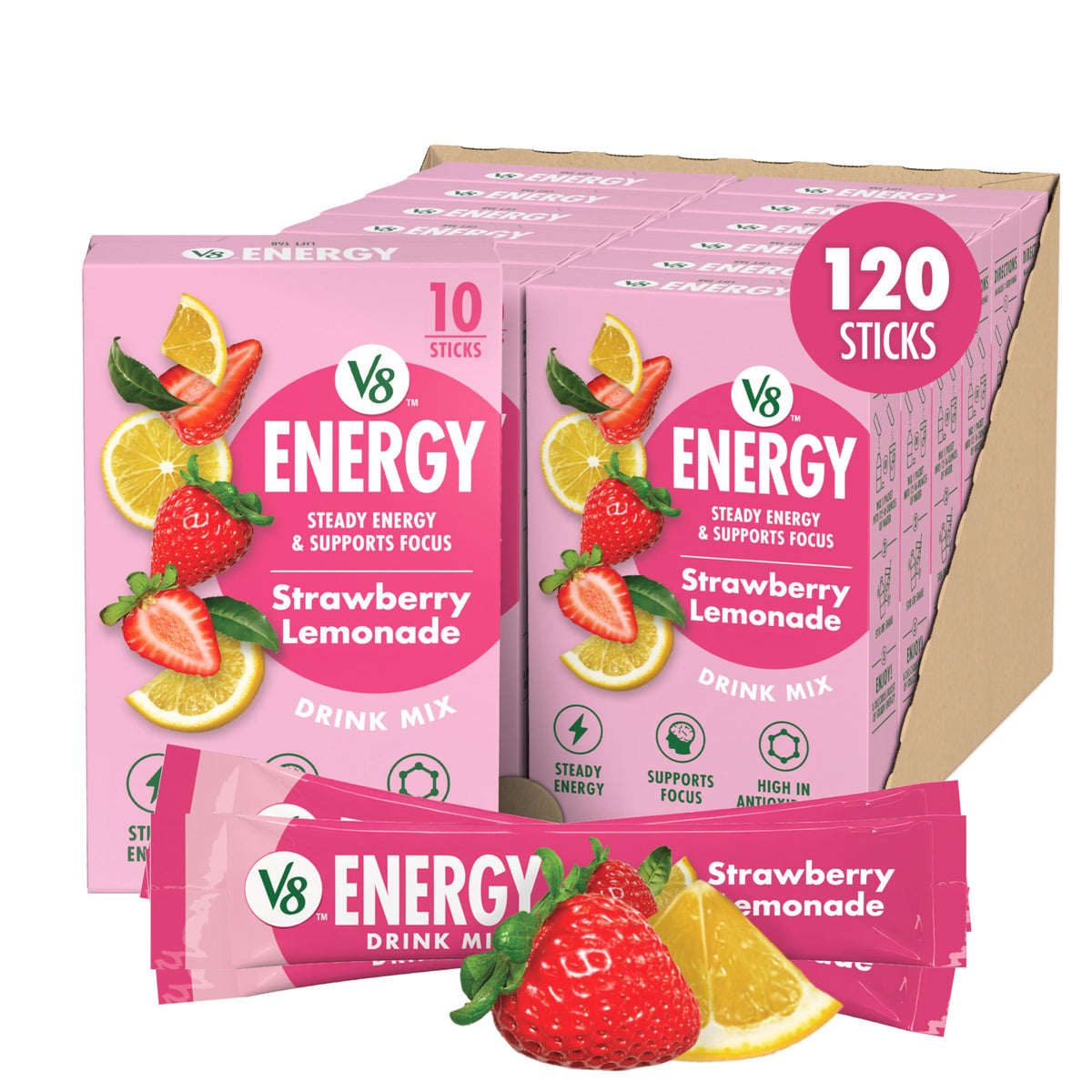 V8 Energy Strawberry Lemonade packets ready for on-the-go fueling