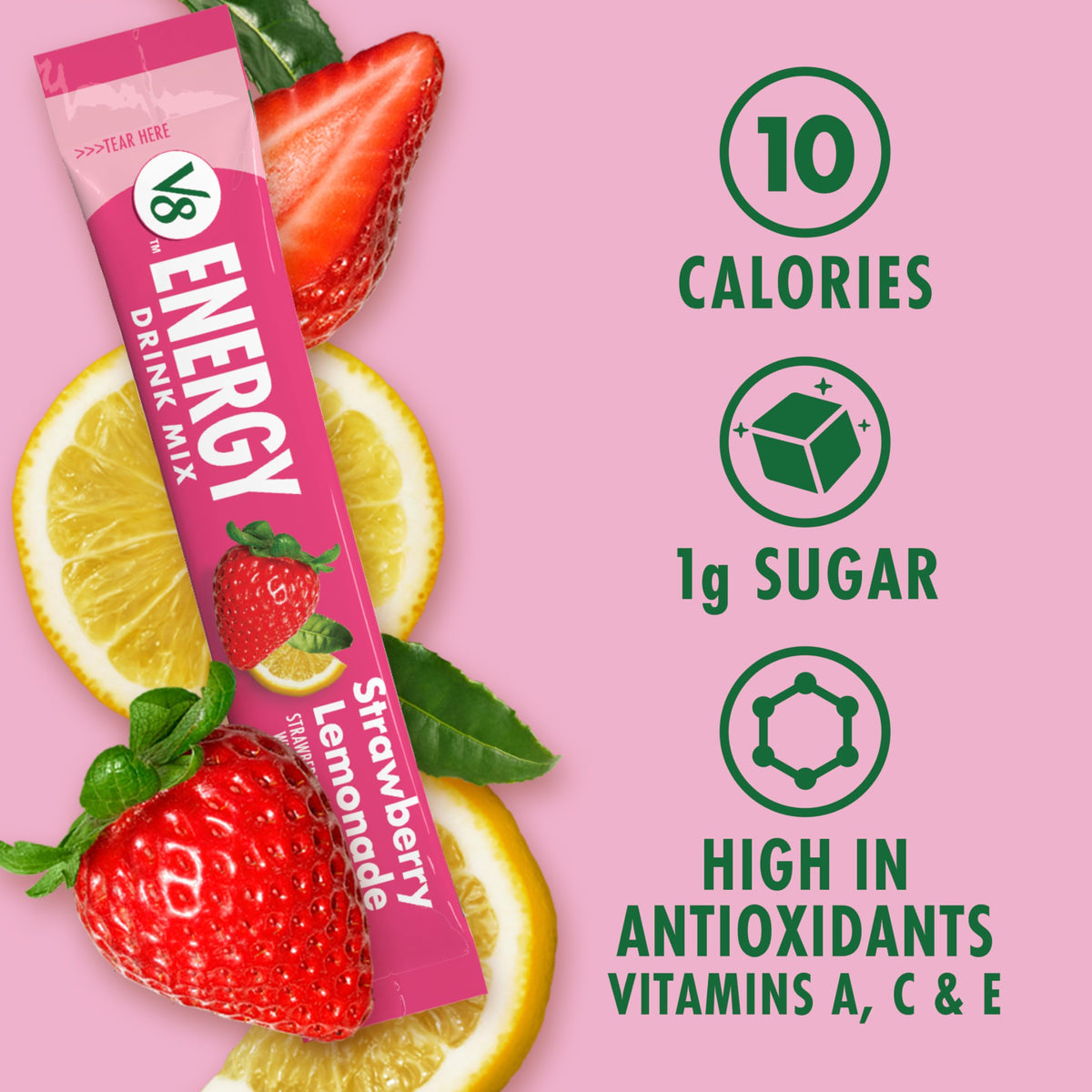 Dissolving V8 Energy Strawberry Lemonade powder in a glass