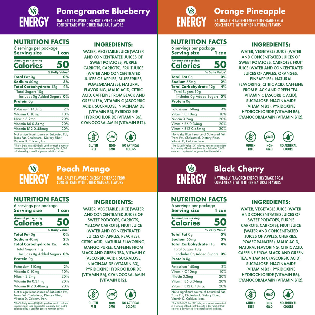 V8 Energy Variety Pack 6 cans shows diverse flavor options.