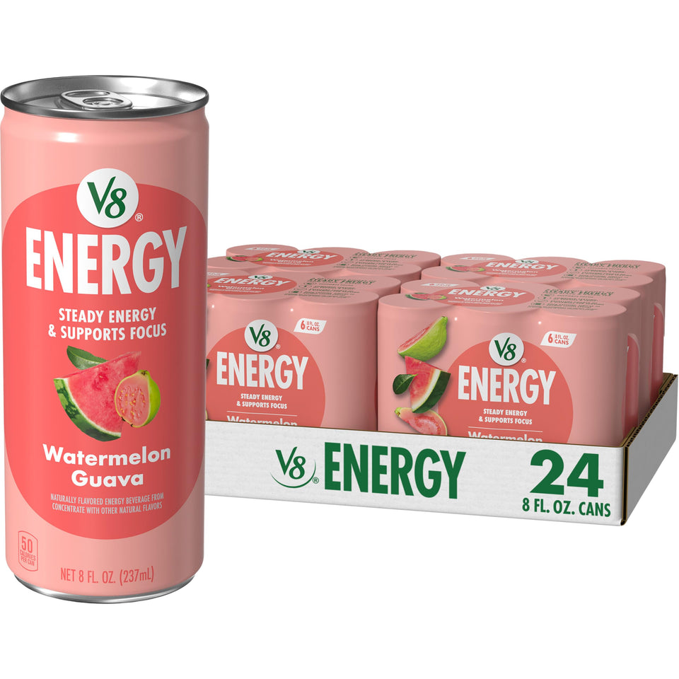 V8 Energy Watermelon Guava can front showing refreshing caffeine boost
