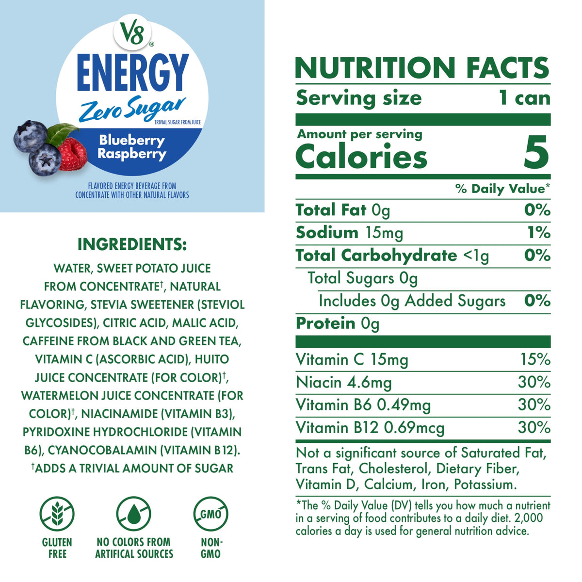 V8 Energy Zero Sugar Blueberry Raspberry can back view highlighting nutrition and zero sugar