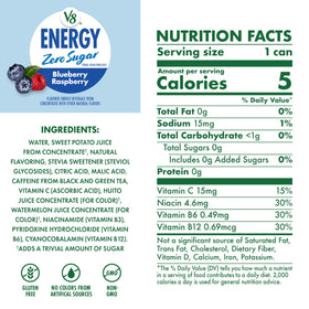 V8 Energy Zero Sugar Blueberry Raspberry can back view highlighting nutrition and zero sugar