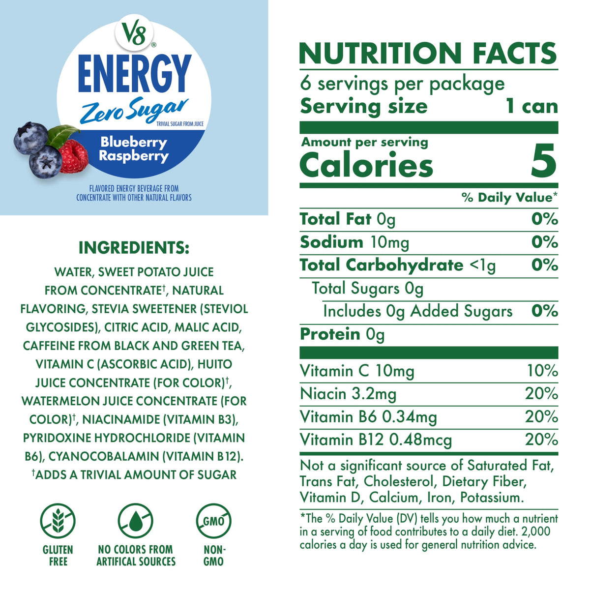 V8 Energy Blueberry Raspberry can back shows nutrition panel and gluten-free badge