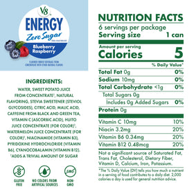 V8 Energy Blueberry Raspberry can back shows nutrition panel and gluten-free badge