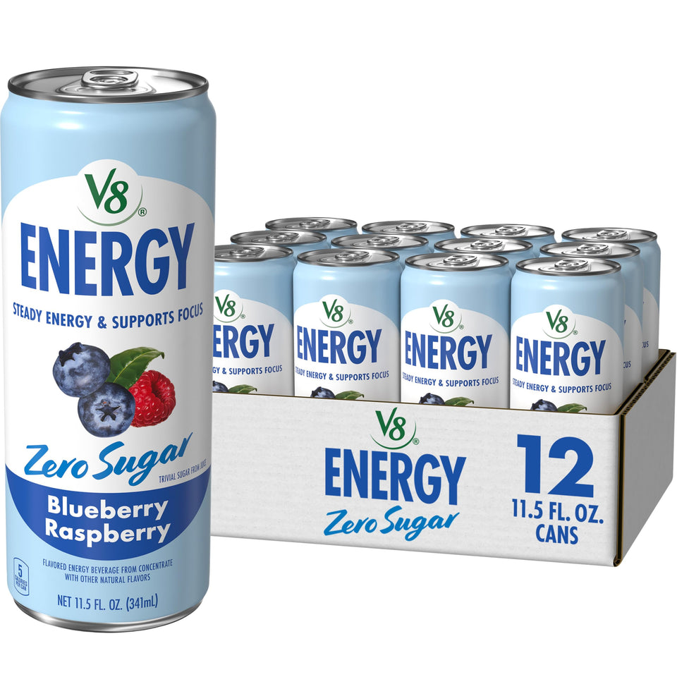 V8 Energy Zero Sugar Blueberry Raspberry can front view for a refreshing energy boost
