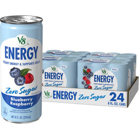 V8 Energy Blueberry Raspberry can front view highlighting zero sugar and bold flavor