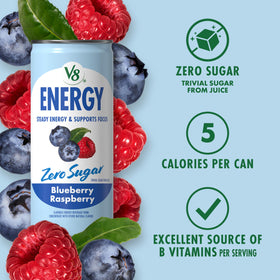 V8 Energy Blueberry Raspberry ingredients panel featuring non-GMO formula