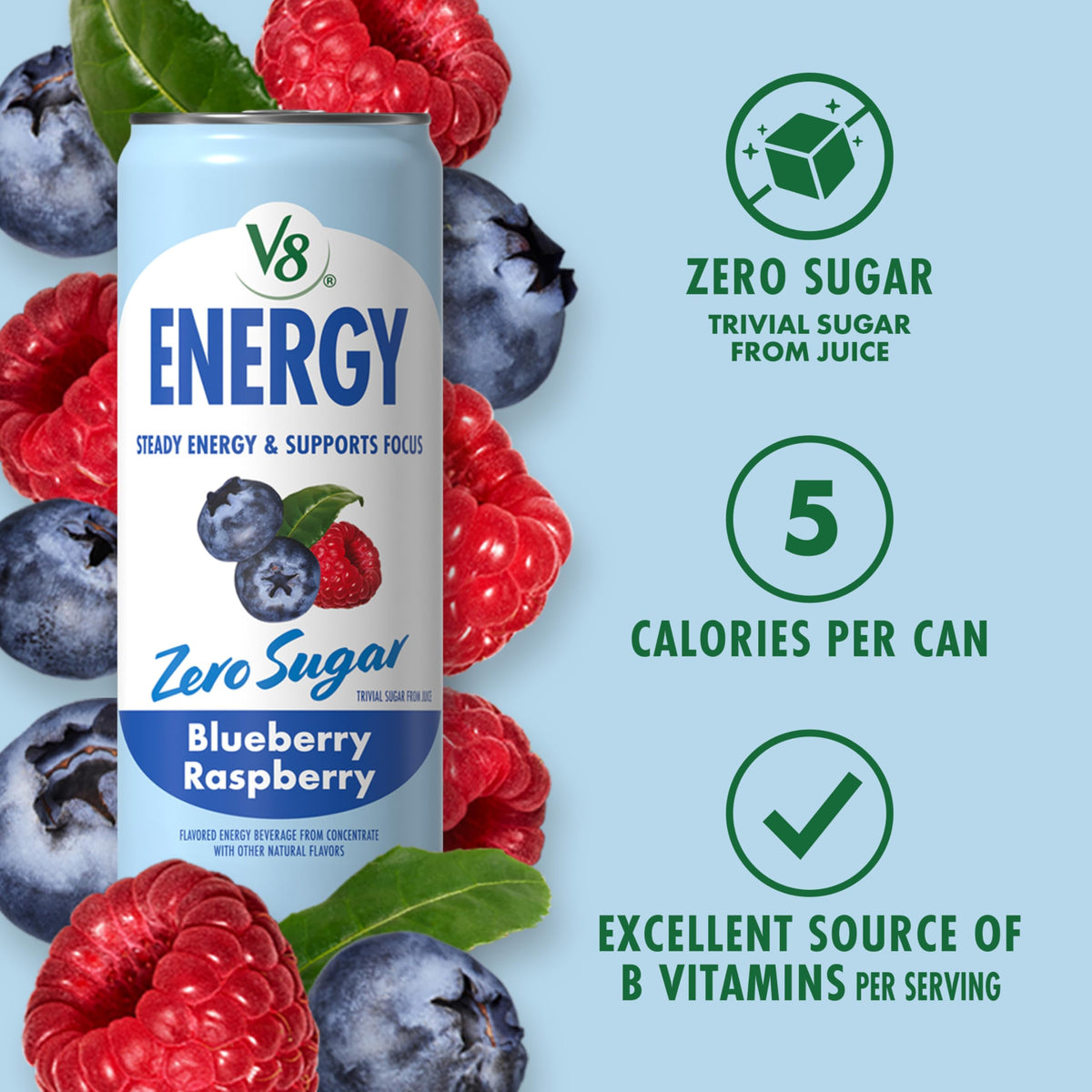 Side desk view of V8 Energy Zero Sugar Blueberry Raspberry can for quick workplace energy