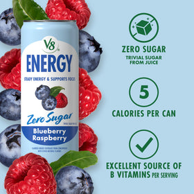 Side desk view of V8 Energy Zero Sugar Blueberry Raspberry can for quick workplace energy