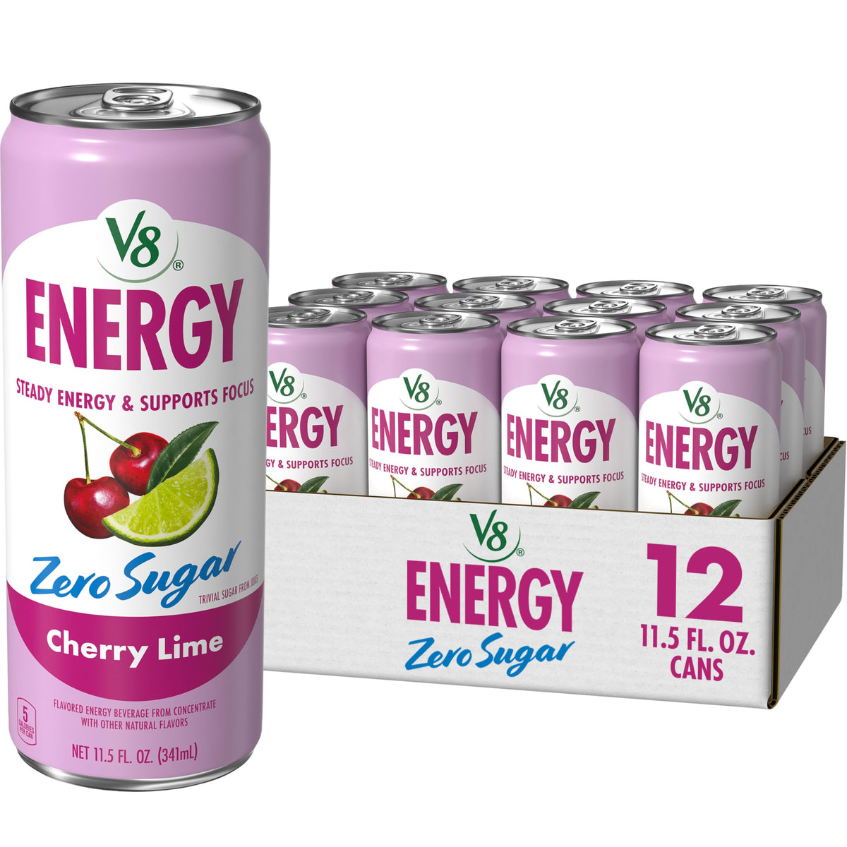 V8 Energy Zero Sugar Cherry Lime can front, brand visible, ideal for on-the-go energy.