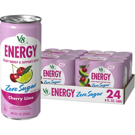 V8 Energy Zero Sugar Cherry Lime can front view highlights crisp flavor