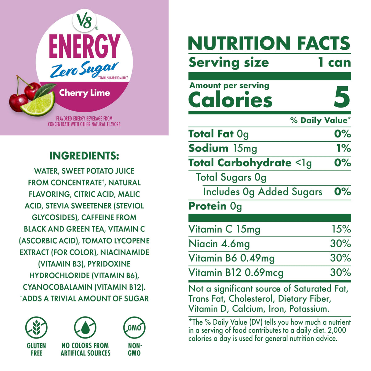 V8 Energy Zero Sugar Cherry Lime can side, sleek packaging signaling zero sugar and flavor.