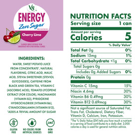 V8 Energy Zero Sugar Cherry Lime can side, sleek packaging signaling zero sugar and flavor.
