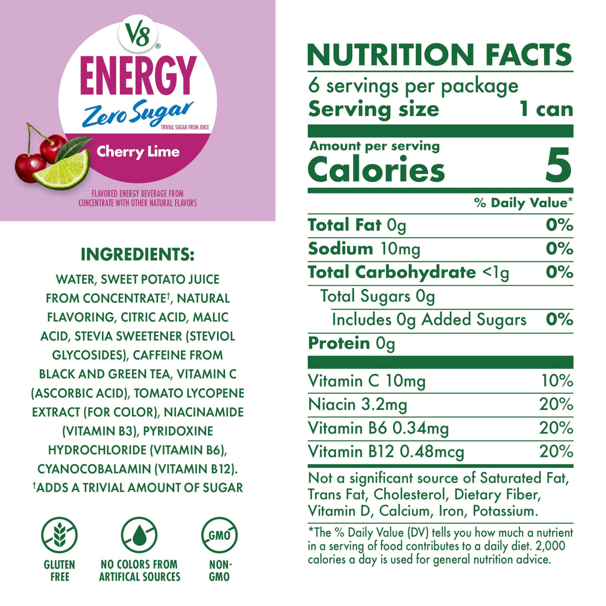V8 Energy Zero Sugar Cherry Lime can side view showing label