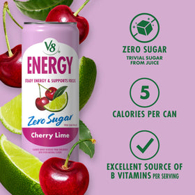 V8 Energy Zero Sugar Cherry Lime glass closeup highlights bright cherry lime flavor.