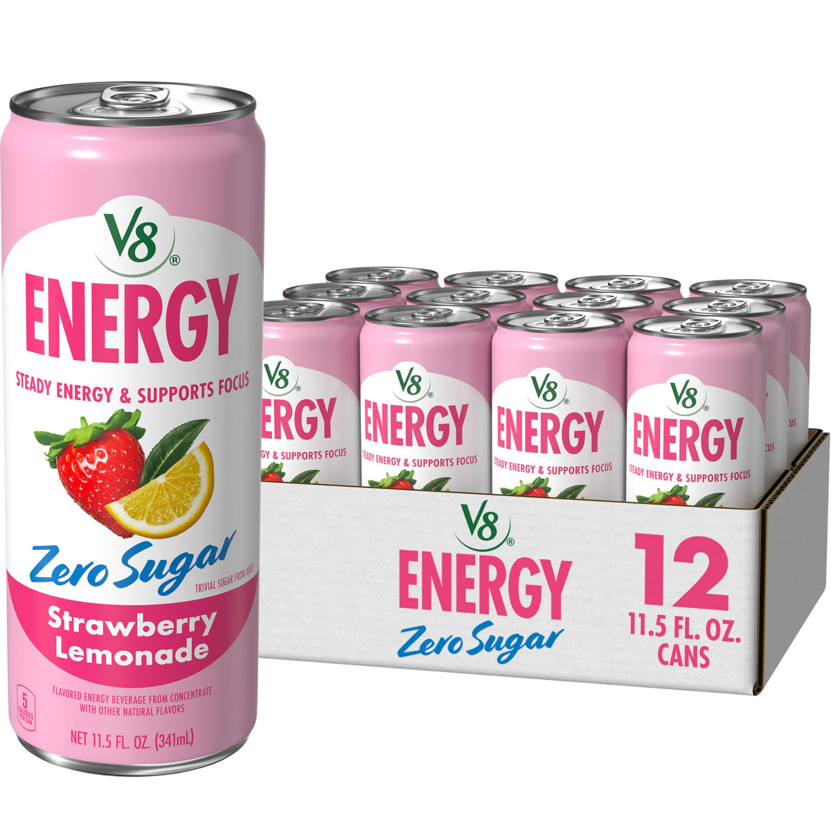 V8 Energy Zero Sugar Strawberry Lemonade can front view offers daytime focus boost