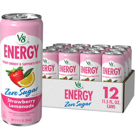 V8 Energy Zero Sugar Strawberry Lemonade can front view offers daytime focus boost