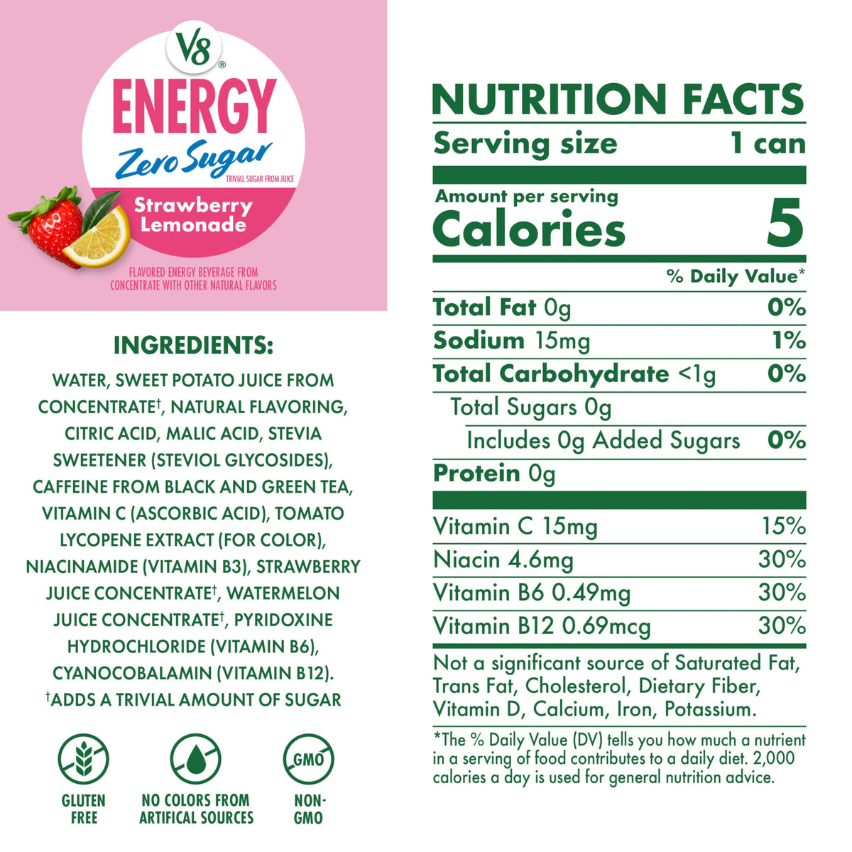 V8 Energy Zero Sugar can sideview displaying compact, on-the-go energy option
