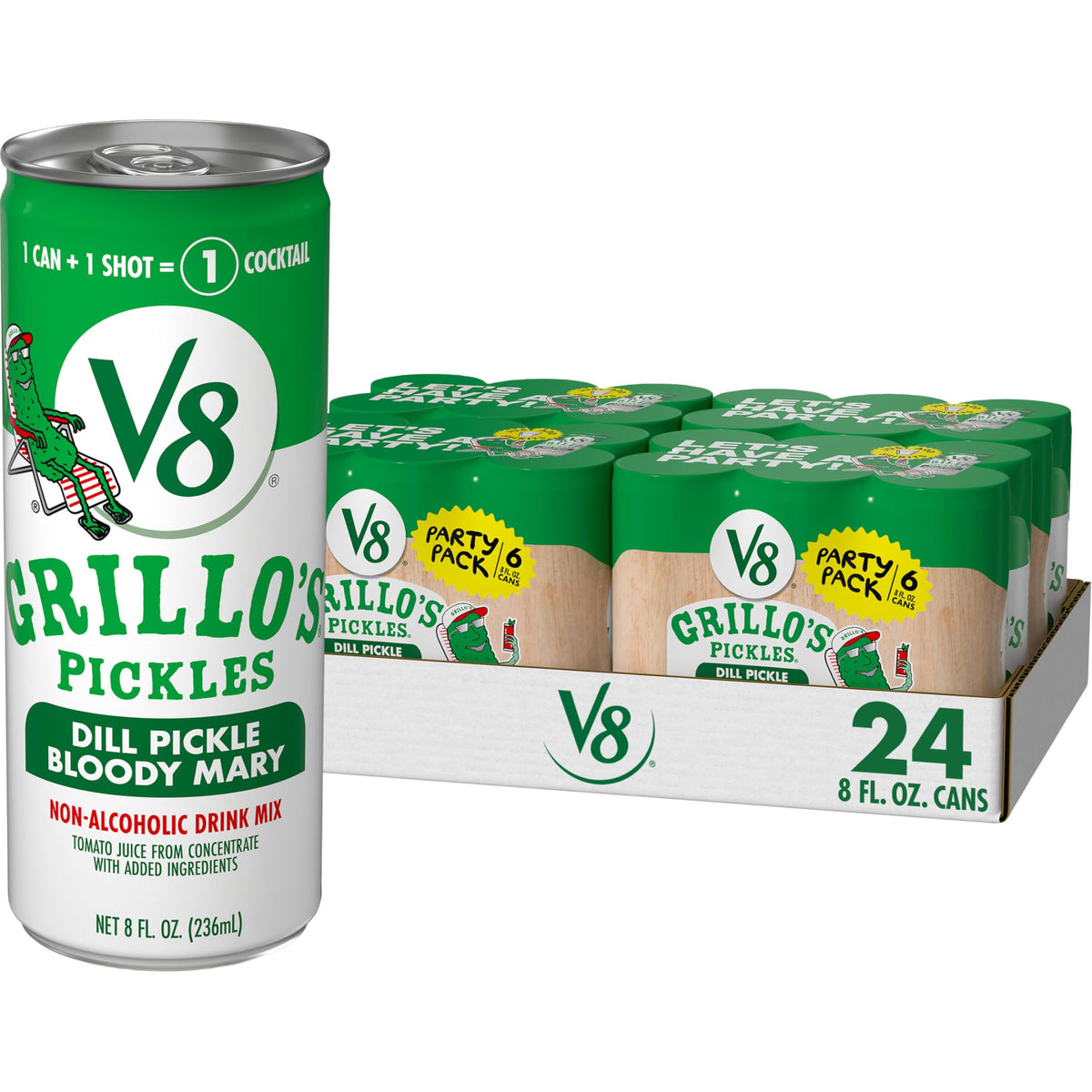V8 Grillo's Pickles Bloody Mary Mix can pack ready for entertaining.