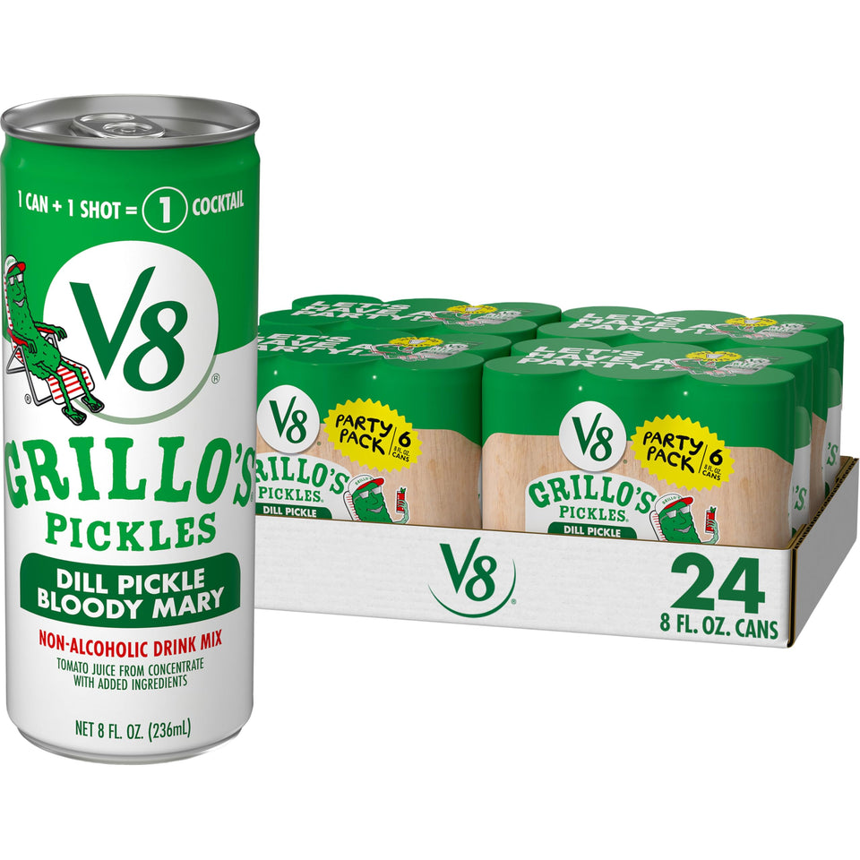 V8 Grillo's Pickles Bloody Mary Mix can pack ready for entertaining.