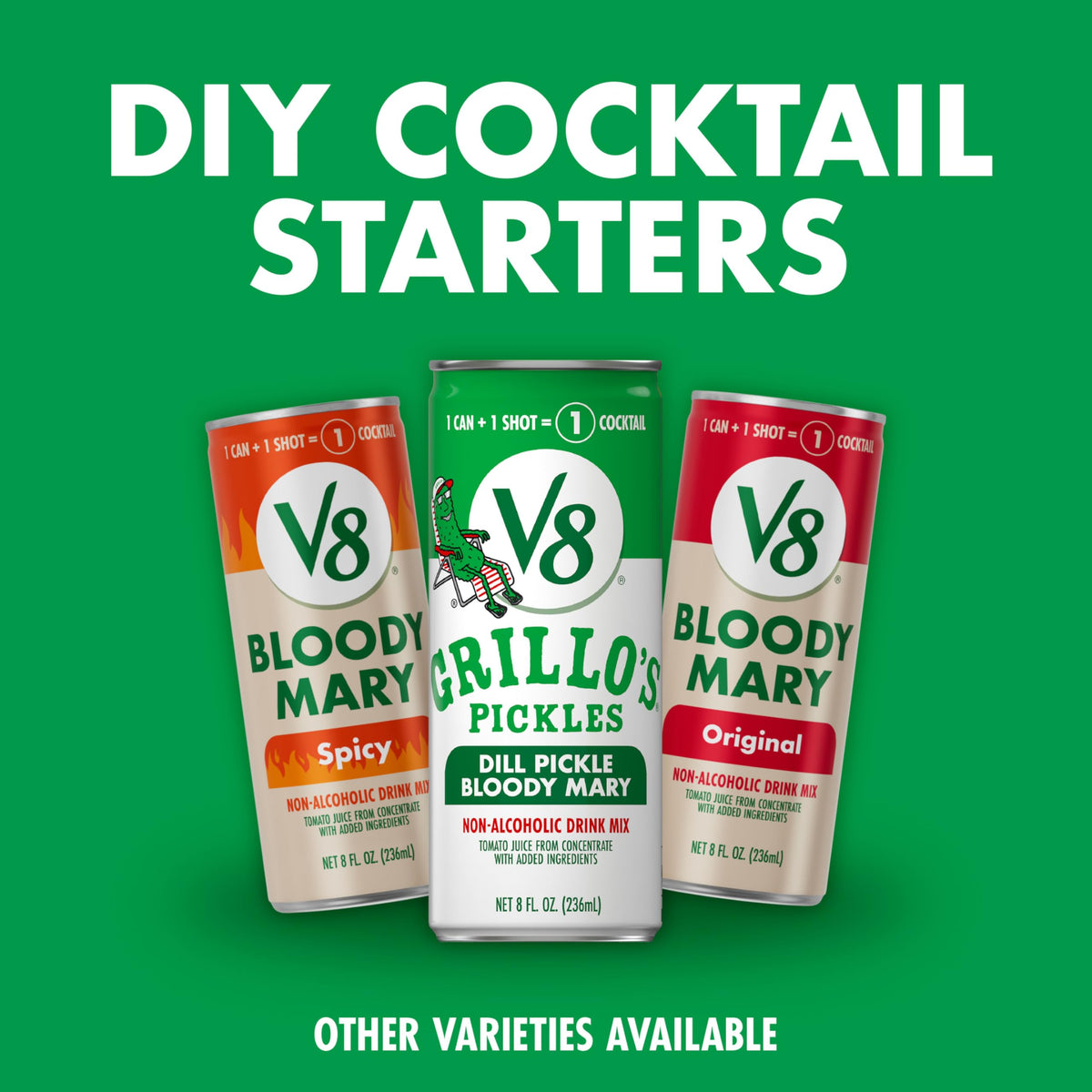 Garnish-ready glass with a V8 Grillo's Pickles Dill Pickle Bloody Mary.