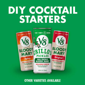 Garnish-ready glass with a V8 Grillo's Pickles Dill Pickle Bloody Mary.