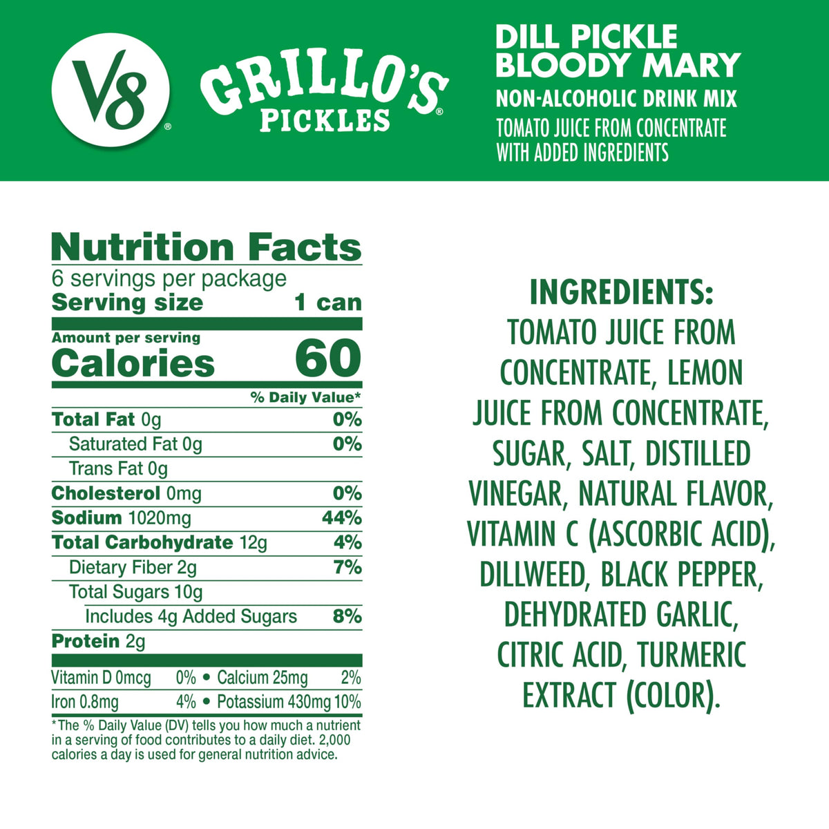 V8 Grillo's Pickles Bloody Mary mix being poured for a savory brunch.