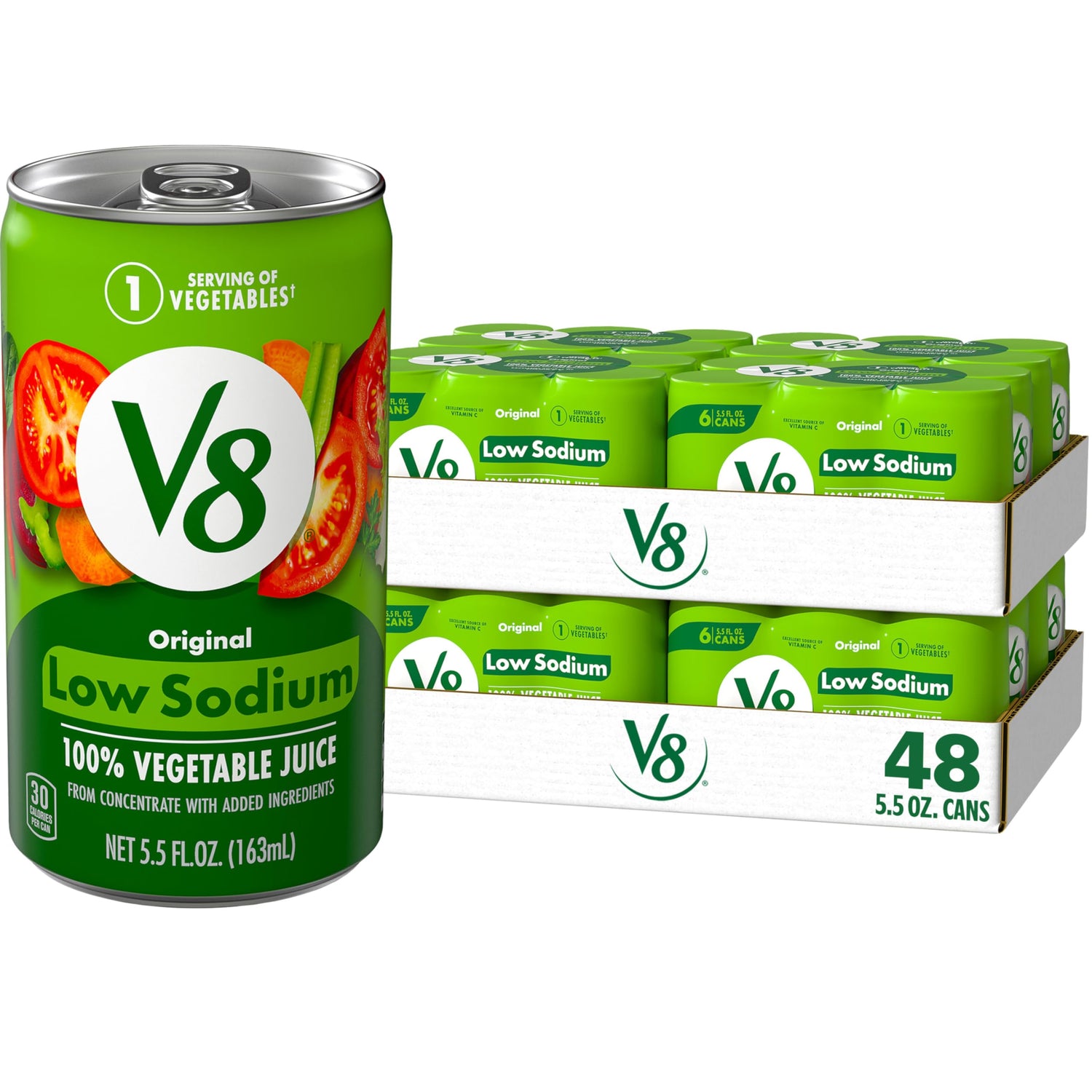 V8 Low Sodium Original bottle with seven-vegetable blend and vitamin A