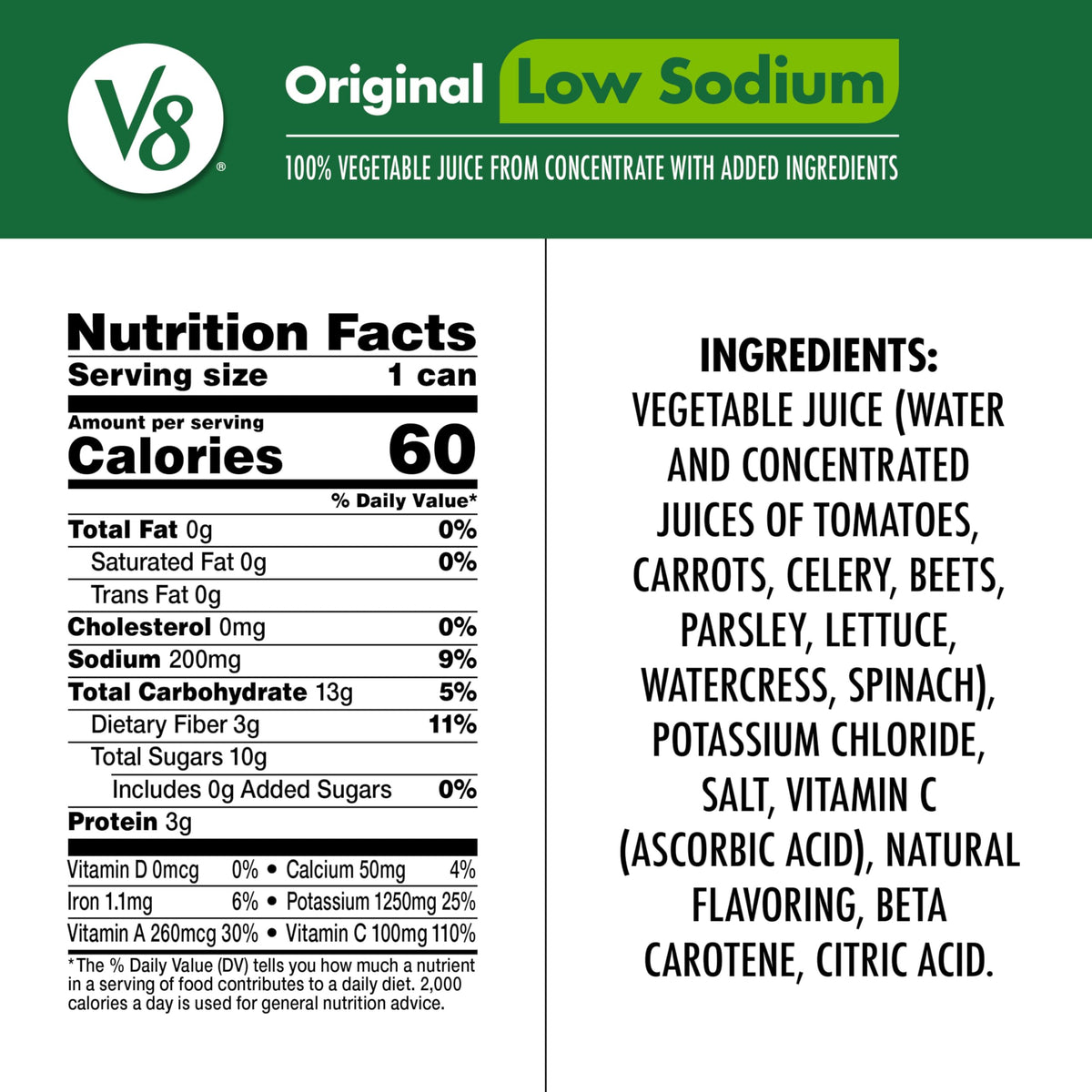 V8 Low Sodium Original can side shows nutrition details for smart meal planning