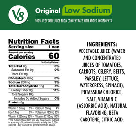 V8 Low Sodium Original can side shows nutrition details for smart meal planning