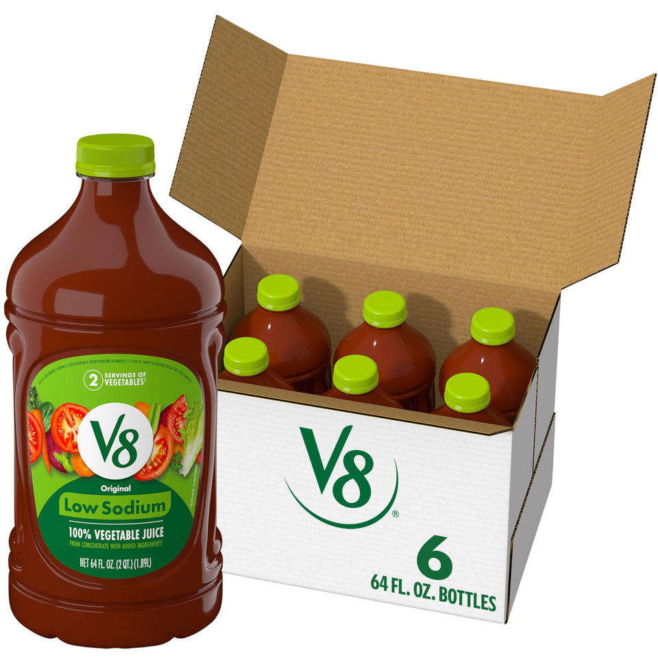 V8 Low Sodium Original vegetable juice bottle, 64 oz, convenient family pack