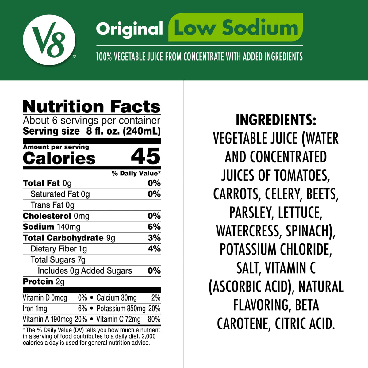 V8 Low Sodium Original case of 6 bottles on shelf.