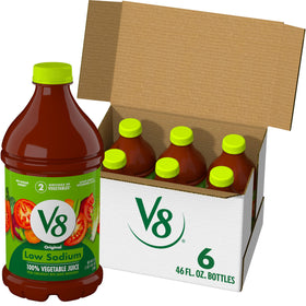 V8 Low Sodium Original bottle front view highlighting plant-powered vegetable juice.