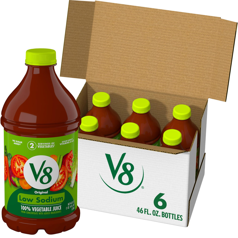 V8 Low Sodium Original bottle front view highlighting plant-powered vegetable juice.