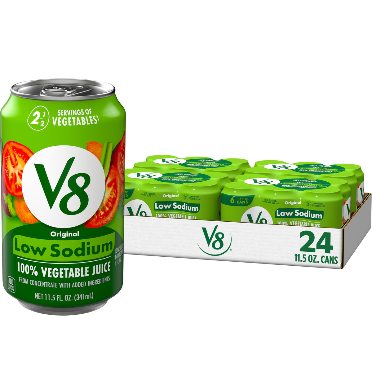 V8 Low Sodium Original vegetable juice can front view showing 2.5 servings per can